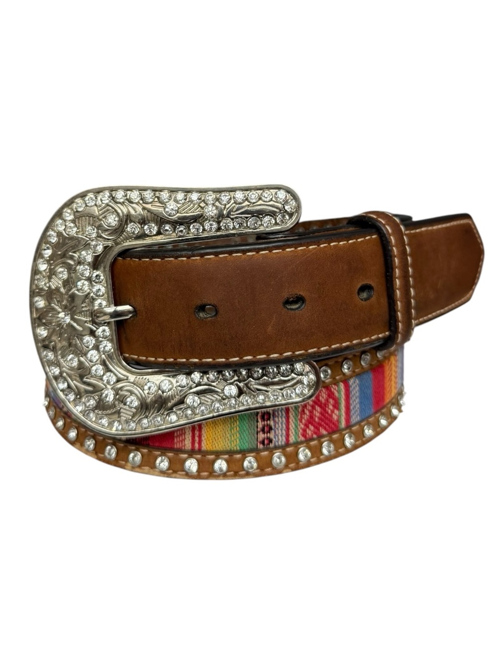 Nocona Brown Leather Western Belt Colorful Woven Inlay Rhinestone Buckle S/M